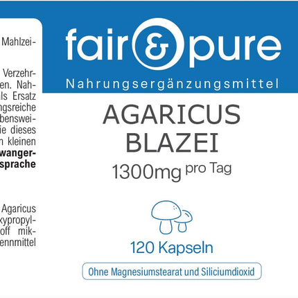 Fair &amp; Pure® - Agaricus Blazei 1300 mg - 120 kapsulas - ABM - Agaricus Blazei Murill - ārstnieciskās sēnes - vegānas - dabīgas - bez magnija stearāta