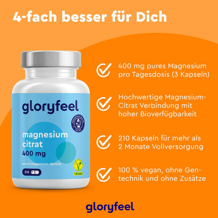 Magnija citrāta kapsulas - 2500 mg, no kuriem 400 mg elementārā magnija dienā - 210 kapsulas Tri-magnija citrāts ar augstu devu - vegāns, laboratoriski pārbaudīts, ražots Vācijā bez piedevām