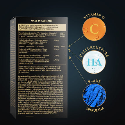 Satin Naturel kolagēna komplekss ar hialuronskābi - 180 kapsulas - augstas devas hialuronskābes kolagēna kapsulas - bagātināts ar C vitamīnu, elastīnu un spirulīnu - bez piedevām - ražots Vācijā