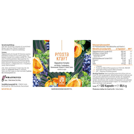 NATURTREU® Prostakraft - 120 vegāniskas kapsulas ar augstu zāģzobainās palmas ekstrakta devu (500 mg), nātru, ķirbju sēklu ar E vitamīnu, cinku, selēnu - 2 mēnešu krājums