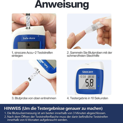 sinocare asins glikozes mērītājs, glikozes mērītājs ar asins glikozes testa strēmelītēm 50, nesāpīgs un ātrs, mazs parauga tilpums - mg/dL (Safe-Accu2 asins glikozes mērītāja 50 komplekts)