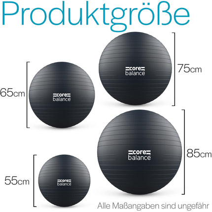 Core Balance, sprādziendroša vingrošanas bumba - fitnesam, jogai, grūtniecēm - 55 cm, 65 cm, 75 cm, 85 cm - komplektā. gaisa sūknis