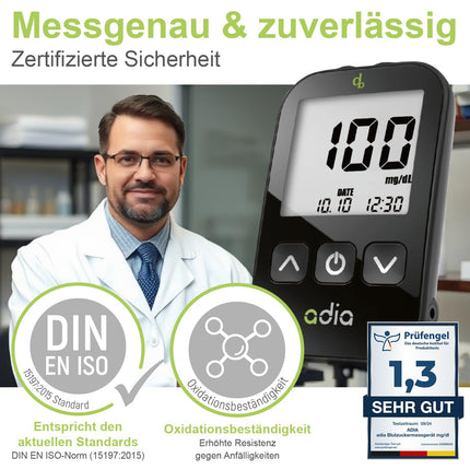Maxi-value komplekts: adia asins glikozes mērītājs (mg) + 110 asins glikozes testa strēmeles, 110 lancetes, 1 lancetes ierīce, 1 maciņš, asins glikozes paškontrolei diabēta gadījumā