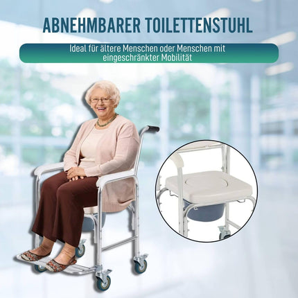 OrtoPrime tualetes krēsls ar riteņiem – 3 vienā – tualetes krēsls senioriem – saliekams tualetes krēsls – dušas tualetes krēsls – tualetes krēsls ar regulējamu augstumu – pārvietojams tualetes krēsls