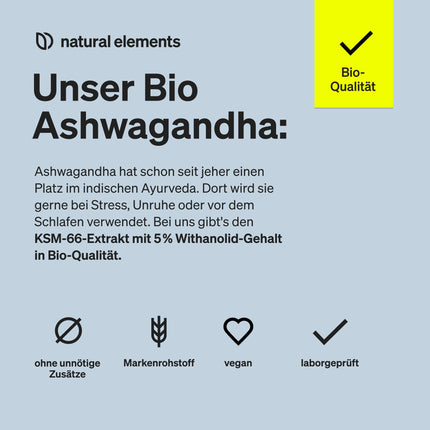 Organiskā ašvaganda – augstākās kvalitātes KSM-66® izejviela (180 kapsulas ar virs vidējā līmeņa diapazonu) – 5% vitanīdu saturs – laboratoriski pārbaudīta, vegāna un ar augstām devām