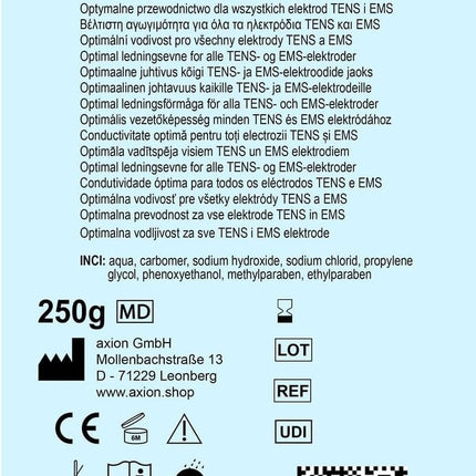 Elektrodu kontaktgels 250g - Uzlabo izlietoto TENS EMS elektrodu spilventiņu vadītspēju - Ideāls aksesuārs TENS ierīcēm un EMS trenažieriem - Axion