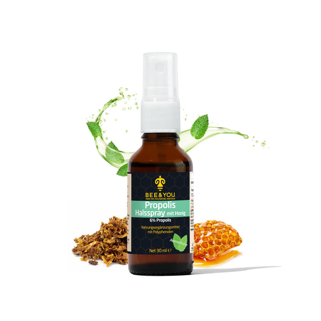 Bee&amp;You propolisa kakla aerosols ar medu (6%) 30 ml (nomierinošs maisījums, godīgas tirdzniecības, dabīgas un kontrolētas sastāvdaļas)