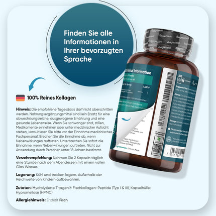 Kolagēna kapsulas - 1200 mg tīra jūras kolagēna I un III tipa - hidrolizēti zivju kolagēna peptīdi - 120 kapsulas 2 mēnešu krājumam - alternatīva pulverim - WeightWorld