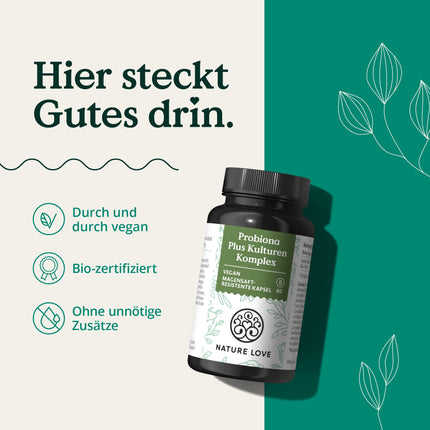NATURE LOVE® Probiona PLUS - 120 miljardi CFU dienā (liela deva) - 20 baktēriju celmi + organiskais inulīns - 60 kuņģa skābei izturīgas kapsulas - vegāns, izstrādāts Vācijā, firmas izejviela no Itālijas