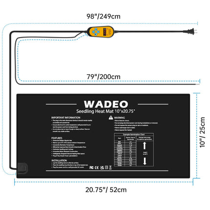 WADEO augu sildīšanas paklājiņš 52 x 25 cm, stādu sildīšanas paklājiņš ar termostatu no 5°C līdz 45°C, siltumnīcas sildīšanas paklājiņš ūdensnecaurlaidīgs, siltāks paklājiņš stādu diedzēšanai