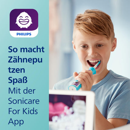 Philips Sonicare For Kids, elektriskā soniskā zobu birste ar lietotni, bērniem no 3 gadu vecuma, ar SmarTimer un QuadPacer rūpīgai tīrīšanai, tirkīza krāsā, modelis HX6322/04