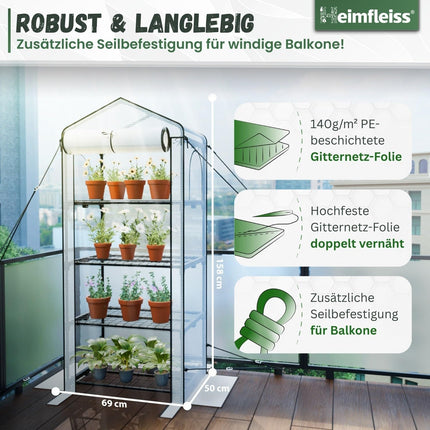 Heimfleiss® tuneļa tipa siltumnīca ar 4 līmeņiem | Balkona siltumnīca maza | Dārza siltumnīca vētras un ziemas izturībai | Augu telts, kas izgatavota no folijas un metāla rāmja | Audzēšanas plaukts Siltumnīcas balkona siltumnīca
