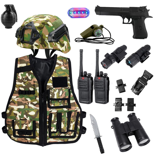 KalaDuck militārais kostīms bērniem, 12 gabalu militārā aprīkojuma rotaļlieta ar Airsoft taktisko ķiveri, militāro vesti, rāciju, lomu spēles Helovīna armijas karavīra maskēšanās kostīms zēniem un meitenēm