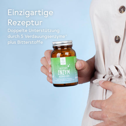 BitterLiebe Bitter Enzyme* kompleksa kapsulas ar 5 gremošanas enzīmiem - pret vēdera uzpūšanos - ar papaīnu, laktāzi, alfa-amilāzi, lipāzi un proteāzi - mēneša iepakojums