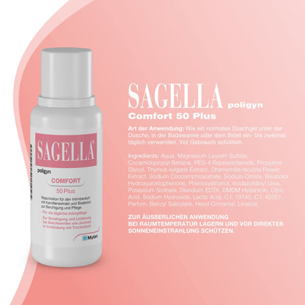 SAGELLA poligyn - Comfort 50 Plus: intīmās zonas mazgāšanas losjons ar kumelīšu ekstraktu un bisabololu, intīmai kopšanai no menopauzes, 500 ml