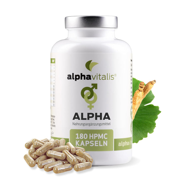 alphavitalis ALPHA Men kapsulas ilgstošai lietošanai ar cinku (normālai auglībai un reproduktīvajai sistēmai), aminoskābi L-arginīnu, Maca Black, Tribulus Terrestris, ginkgo, žeņšeņu