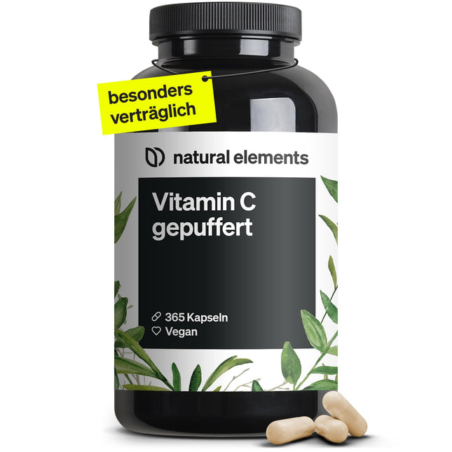 C vitamīns 500 mg – 365 kapsulas – Premium: No augu fermentācijas un buferēts (pH neitrāls, bez skābēm, saudzīgs kuņģim) – Laboratorijā pārbaudīts, vegāns un ražots Vācijā