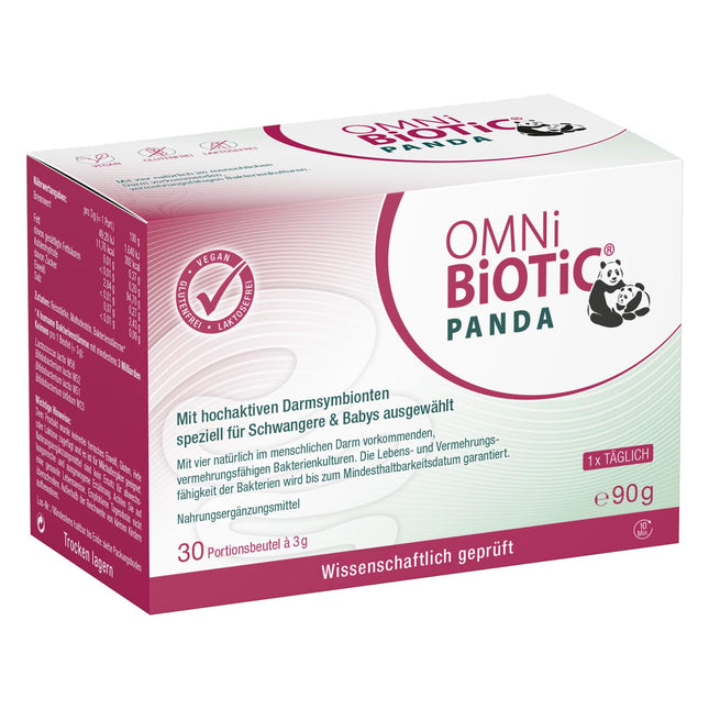 OMNi BiOTiC PANDA, 30 porcijas (90 g), 4 baktēriju celmi, 3 miljardi baktēriju vienā dienas devā, pulveris, vegāns, bez glutēna, bez laktozes, ikdienas lietošanai, piemērots mātei un bērnam
