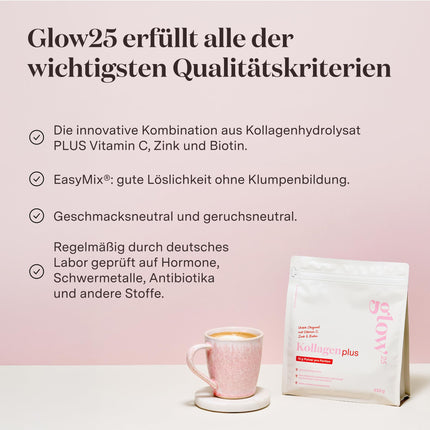 Glow25® Collagen Plus [450 g] - kolagēna hidrolizāts ar C vitamīnu, cinku un biotīnu - 1. un 3. tipa peptīdi - laba šķīdība - neitrāls