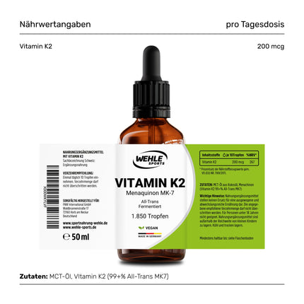 K2 vitamīns MK7 200µg 1850 pilieni 50ml - Premium: 99% All-Trans Menahinons - Laboratorijā pārbaudīts, vegāns, augstas devas un ražots Vācijā.