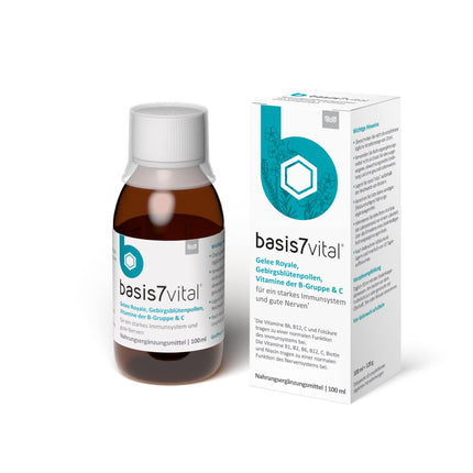 Basis 7 Vital imūnsistēmas un nervu sistēmas stiprināšanai ar Sanoctua, dabīgs imunitātes līdzeklis dzeršanai ar peru pieniņu, vērtīgiem vitamīniem un minerālvielām, 100 ml
