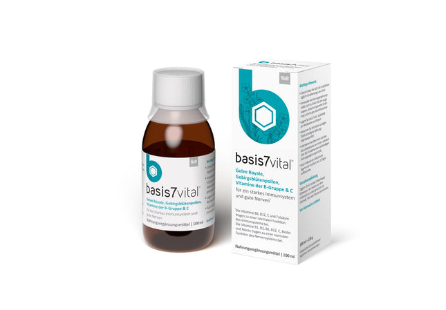 Basis 7 Vital imūnsistēmas un nervu sistēmas stiprināšanai ar Sanoctua, dabīgs imunitātes līdzeklis dzeršanai ar peru pieniņu, vērtīgiem vitamīniem un minerālvielām, 100 ml