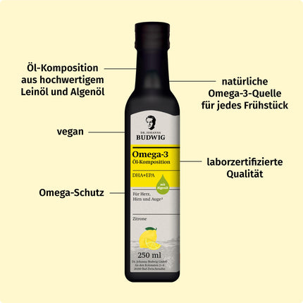 Dr. Johanna Budwig Omega 3 DHA+EPA Lemon (250ml) - linsēklu eļļa un Omega 3 aļģu eļļa - augsta deva (EPA DHA) - vegāna šķidrā aļģu eļļa, bērniem