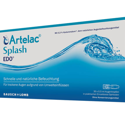 Artelac Splash EDO acu pilieni: acu mitrinātājs ar hialuronskābi sausām acīm, kontaktlēcu mitrināšanai un mitrināšanai, 30 x 0,5 ml