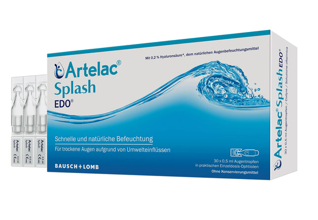 Artelac Splash EDO acu pilieni: acu mitrinātājs ar hialuronskābi sausām acīm, kontaktlēcu mitrināšanai un mitrināšanai, 30 x 0,5 ml
