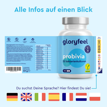 Probivia® kultūru komplekss ar 500 miljardiem KVV/g* - 22 baktēriju celmi + inulīns - 180 kuņģa sulu izturīgas kapsulas - ieskaitot Lactobacillus, Bifidobacterium - *tas atbilst 10 miljardiem KVV vienā dienas devā