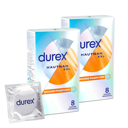 Durex Hautnah XXL prezervatīvi – īpaši plāni, ar lielu anatomisku, viegli uzvelkamu formu un lubrikēti ar silikona gēlu – 16 prezervatīvi iepakojumā (2 x 8 prezervatīvi)