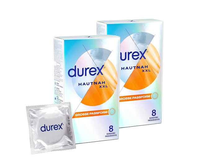 Durex Hautnah XXL prezervatīvi – īpaši plāni, ar lielu anatomisku, viegli uzvelkamu formu un lubrikēti ar silikona gēlu – 16 prezervatīvi iepakojumā (2 x 8 prezervatīvi)