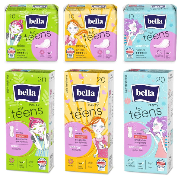 bella pusaudžiem paredzētā kastīte pirmajām menstruācijām ar ikdienas ieliktnīšiem (3 x 20 gab.) un Ultra higiēniskajām paketēm (3 x 10 gab.)