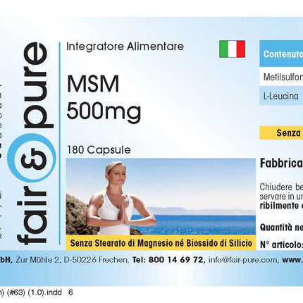 Fair &amp; Pure® - MSM 500 mg kapsulas - 180 kapsulas - metilsulfonilmetāns - vegāns - bez magnija stearāta
