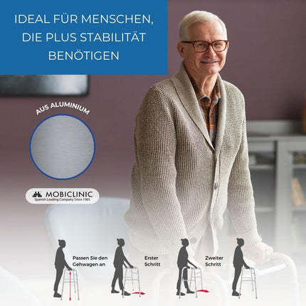 Mobiclinic®, staigāšanas palīglīdzeklis, staigāšanas rāmis, šaurs, stabils, salokāms, 4 gumijas pēdas, izgatavots no alumīnija, viegls, Eiropas zīmols, regulējams augstums, ergonomiski rokturi, tikai 2,5 kg, sudraba, modeļa kolonna