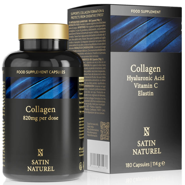Satin Naturel kolagēna komplekss ar hialuronskābi - 180 kapsulas - augstas devas hialuronskābes kolagēna kapsulas - bagātināts ar C vitamīnu, elastīnu un spirulīnu - bez piedevām - ražots Vācijā