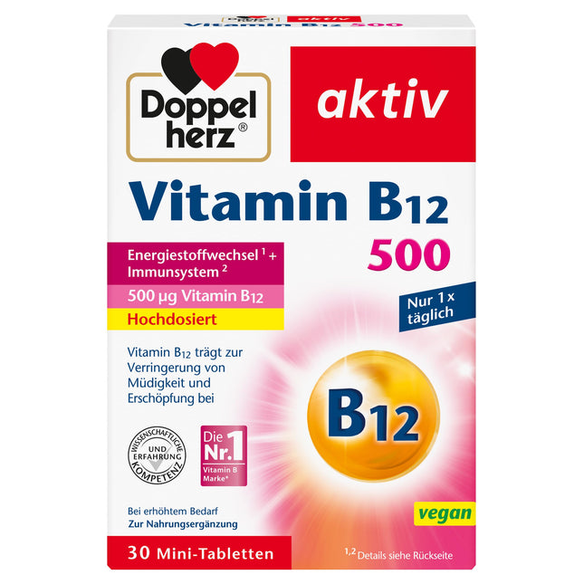 Doppelherz B12 vitamīns 500 - augsta deva ar 500 µg B12 vitamīna vienā tabletē - vegāns - 30 mini tabletes