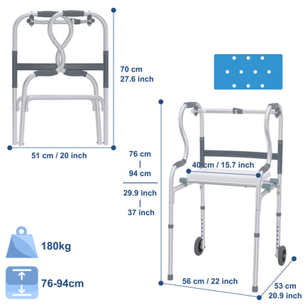 Froadp Gehhilfe für Senioren, Gehbock aus Aluminium Leicht Höhenverstellbar, Gehhilfen mit 2 Lenkrollen Rutschfest Stabil Gehwagen, Rollator Schmal für Wohnung Stehhilfe Ergonomische Griff