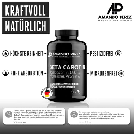 Amando Perez Beta karotīna 50 000 SV Depot iedeguma kapsulas - 180 mīkstās kapsulas, augstas devas un vegānas - A vitamīna prekursors - bez alergēniem un ĢMO - dabīgs iedegums