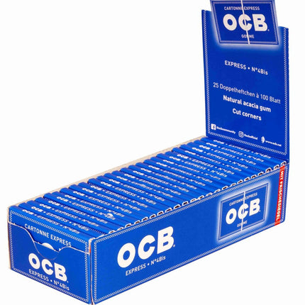 OCB cigarešu papīri, zili, elastīgi, 25 grāmatiņas pa 100 lapām, izgatavotas no 100% dabīgām augu šķiedrām, ar elastīgas lentes aizdari