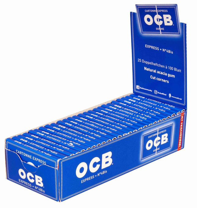 OCB cigarešu papīri, zili, elastīgi, 25 grāmatiņas pa 100 lapām, izgatavotas no 100% dabīgām augu šķiedrām, ar elastīgas lentes aizdari