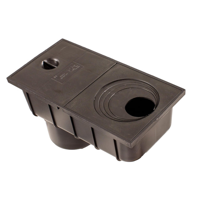 ScarMaxx - Lietus caurules noteka, notekcaurule - Lietus noteka DN 110 - Grīdas noteka Saderīga ar notekcaurulēm 50-110 mm - Plastmasa, melna - 29,8 x 15,2 x 16 cm - ar savākšanas grozu, noteka zem