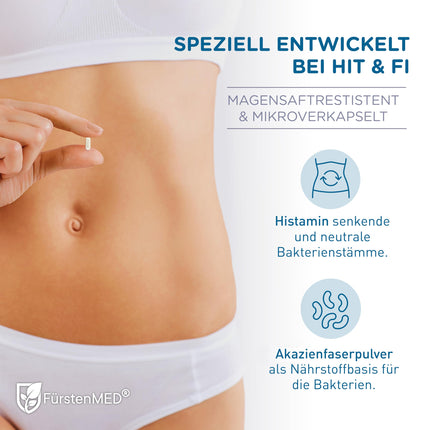 FürstenMED® Bifidoflor HIT + FI histamīna nepanesības un fruktozes nepanesības ārstēšanai ar Bifidobacterium un Lactobacillus celmiem - 60 kuņģa sulu izturīgas kapsulas - Laboratorijā pārbaudītas, vegānas un bez piedevām
