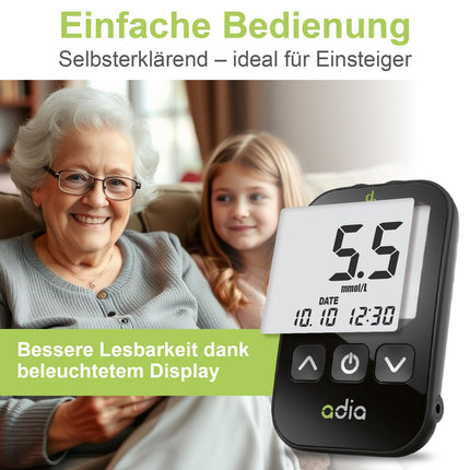 Adia asins glikozes mērītājs (mmol) ar 60 asins glikozes testa strēmelītēm, 10 lancetēm, 1 lancetes ierīci, 1 maciņu, vērtību komplektu asins glikozes paškontrolei diabēta gadījumā
