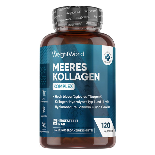 Jūras kolagēna komplekss - 1200 mg hidrolizētu zivju kolagēna peptīdu - ar hialuronskābi, koenzīmu Q10, C vitamīnu, cinku - 120 kolagēna hialuronskābes kapsulas - WeightWorld