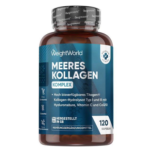 Jūras kolagēna komplekss - 1200 mg hidrolizētu zivju kolagēna peptīdu - ar hialuronskābi, koenzīmu Q10, C vitamīnu, cinku - 120 kolagēna hialuronskābes kapsulas - WeightWorld