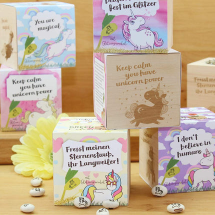 Izaudzē pats savu vienradža pupiņu, koka kubs ar lāzergravējumu "Tu esi maģisks", ilgtspējīga dāvanas ideja, audzēšanas komplekts, ekokubs, ražots Austrijā