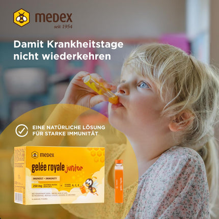 Medex Royal Jelly JUNIOR, svaigs peru pieniņš 250 mg, ar dabīgiem A, C un E vitamīniem, lieliska garša, bez saldinātājiem, bērniem no 3 gadu vecuma, šķidrums ampulās 10 x 9 ml
