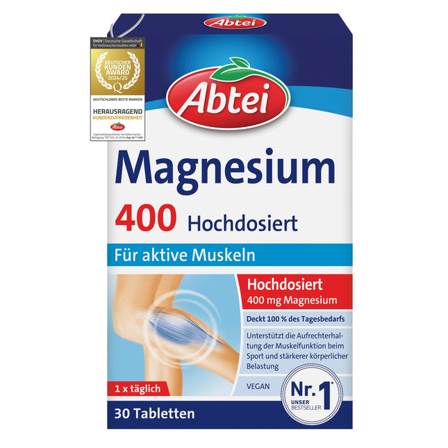Abtei Magnesium 400 - augstas devas magnijs - aktīviem muskuļiem - bez glutēna, bez laktozes un vegānisks - 30 tabletes