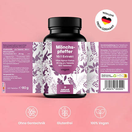 Augstas devas vaislas oga - 400 tabletes - 20 mg vienā tabletē - 10:1 ekstrakts no oriģinālās Agnus Castus - Uztura bagātinātājs sievietēm - Vegāns un ražots Vācijā. Laboratorijā pārbaudīts.
